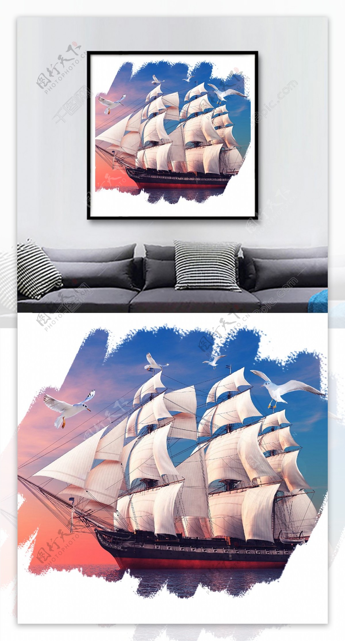 创意海上帆船方图单联装饰画