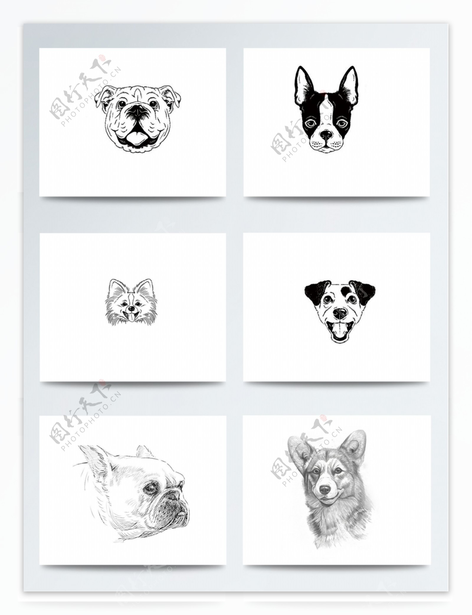 黑白手绘艺术狗头图案
