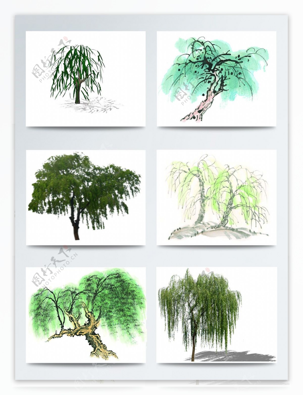 手绘柳树中国风水墨画