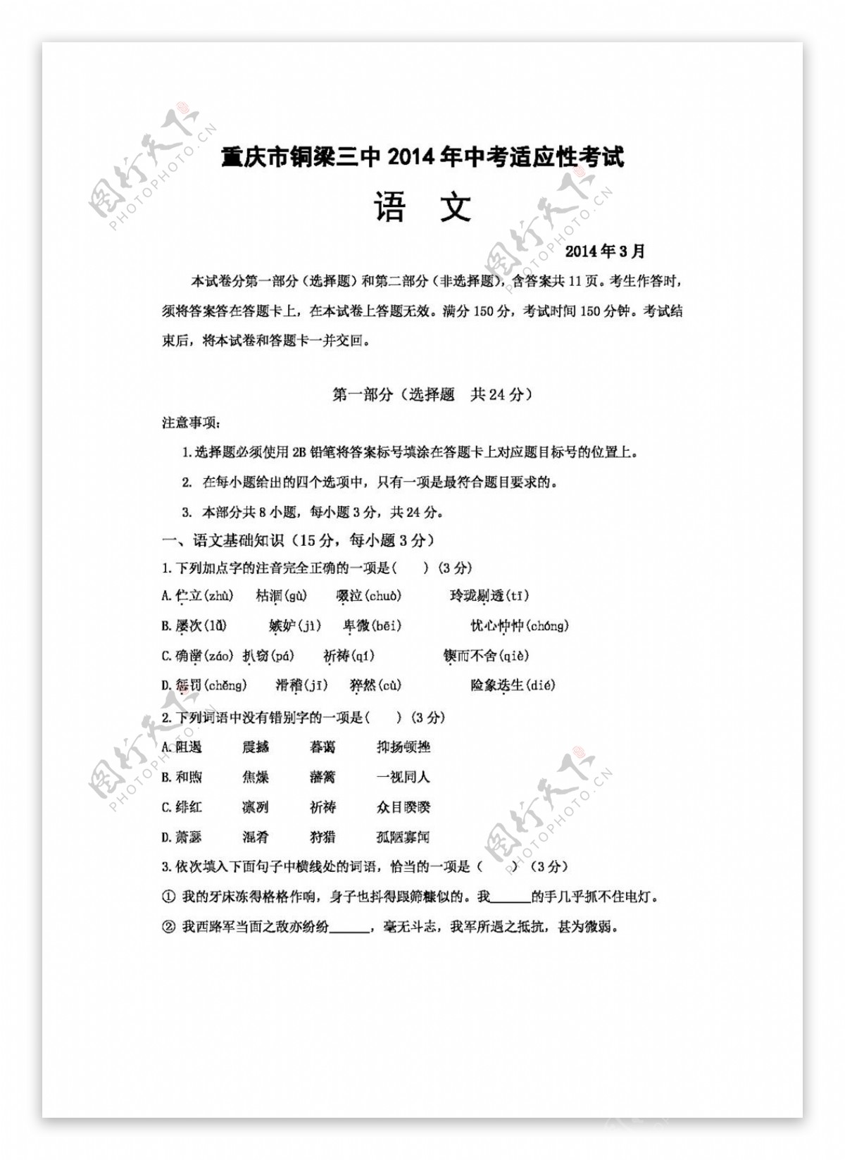 语文苏教版中考适应性考试九年级语文2