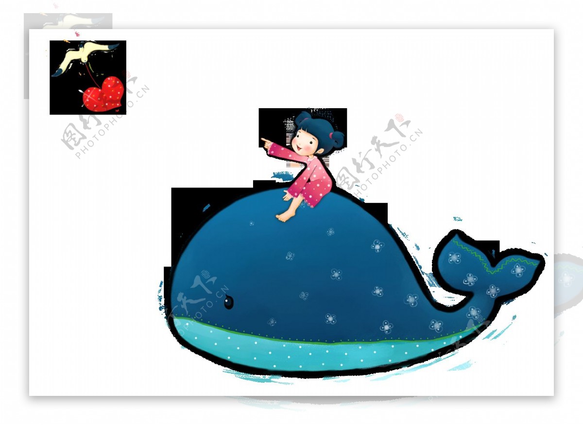 彩绘卡通小女孩鲸鱼图