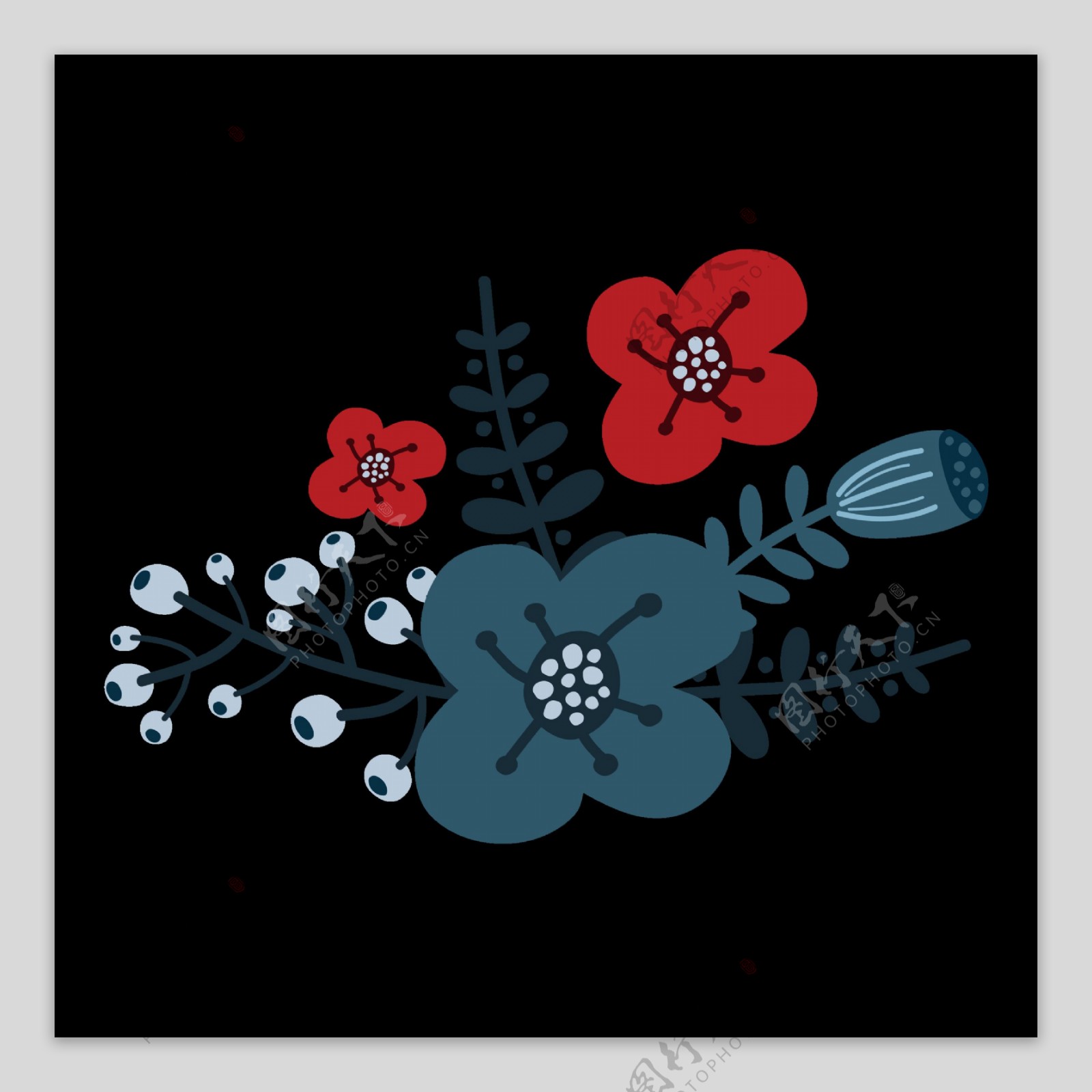 手绘蓝花红花植物透明花朵素材