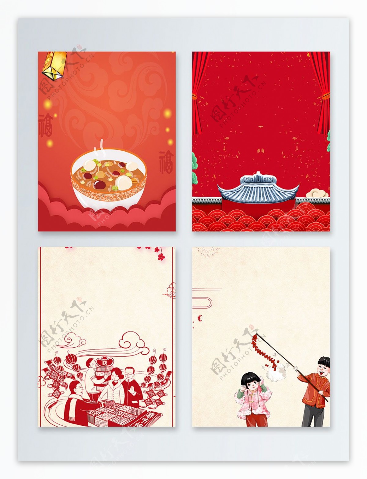 红色剪纸卡通人物放鞭炮新年喜庆广告背景