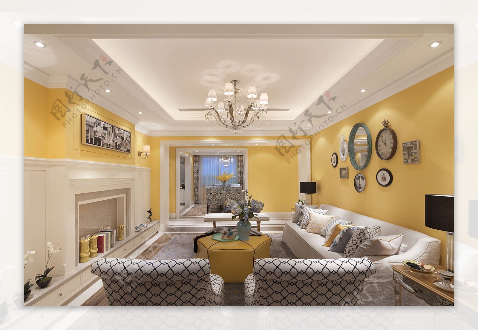 欧式客厅圆形黄色茶几装修效果图