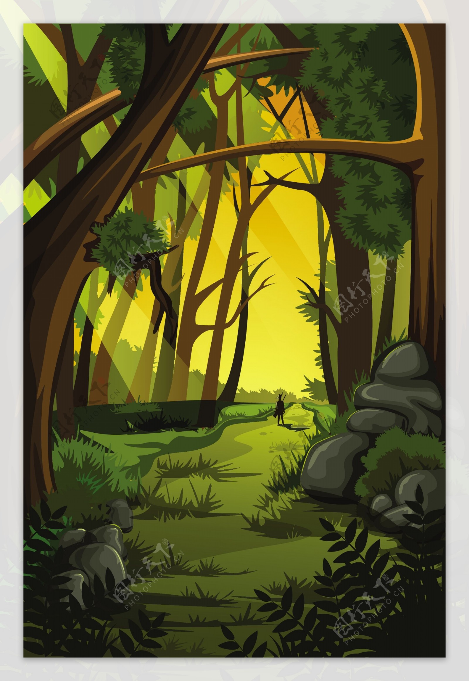 手绘卡通绿色森林广告背景