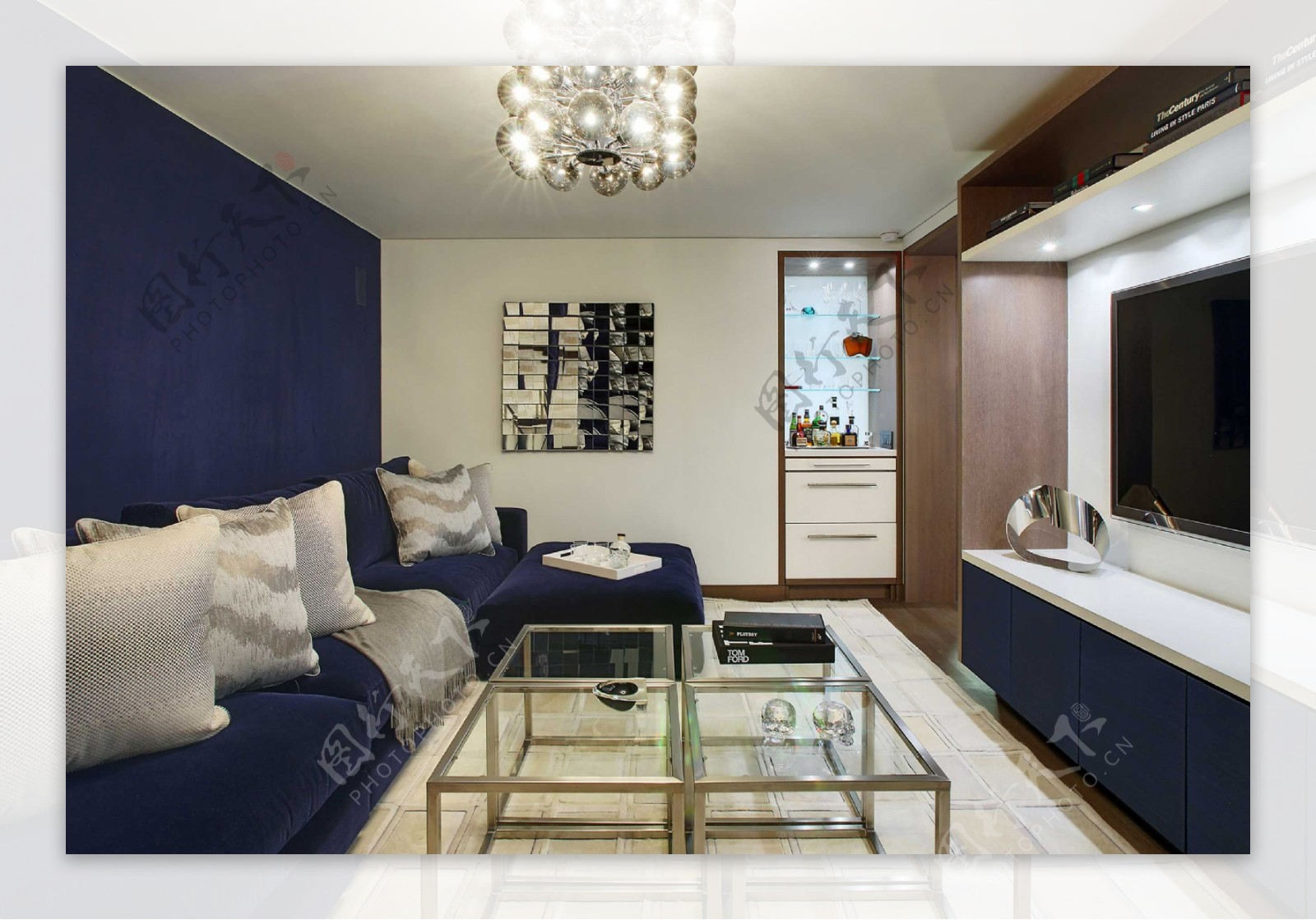 时尚客厅蓝色沙发背景装修效果图
