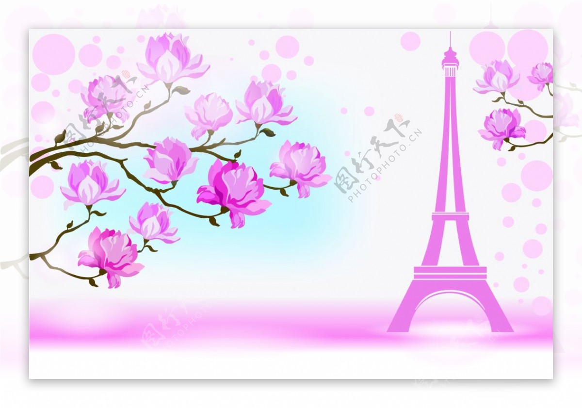 粉色浪漫花朵铁塔背景
