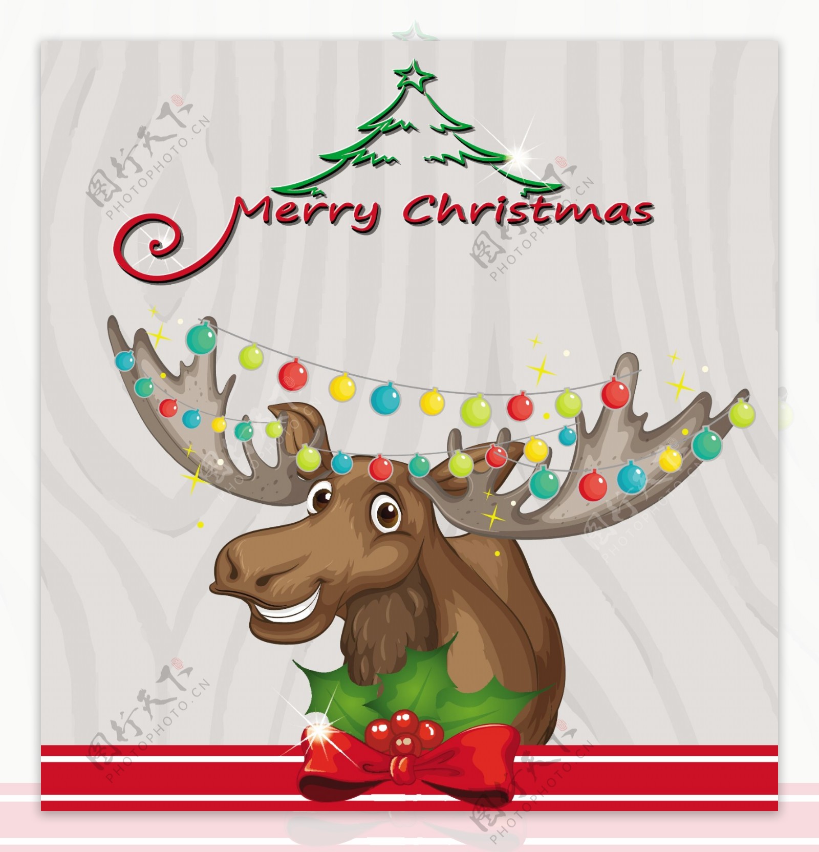 圣诞贺卡模板与驯鹿和灯光