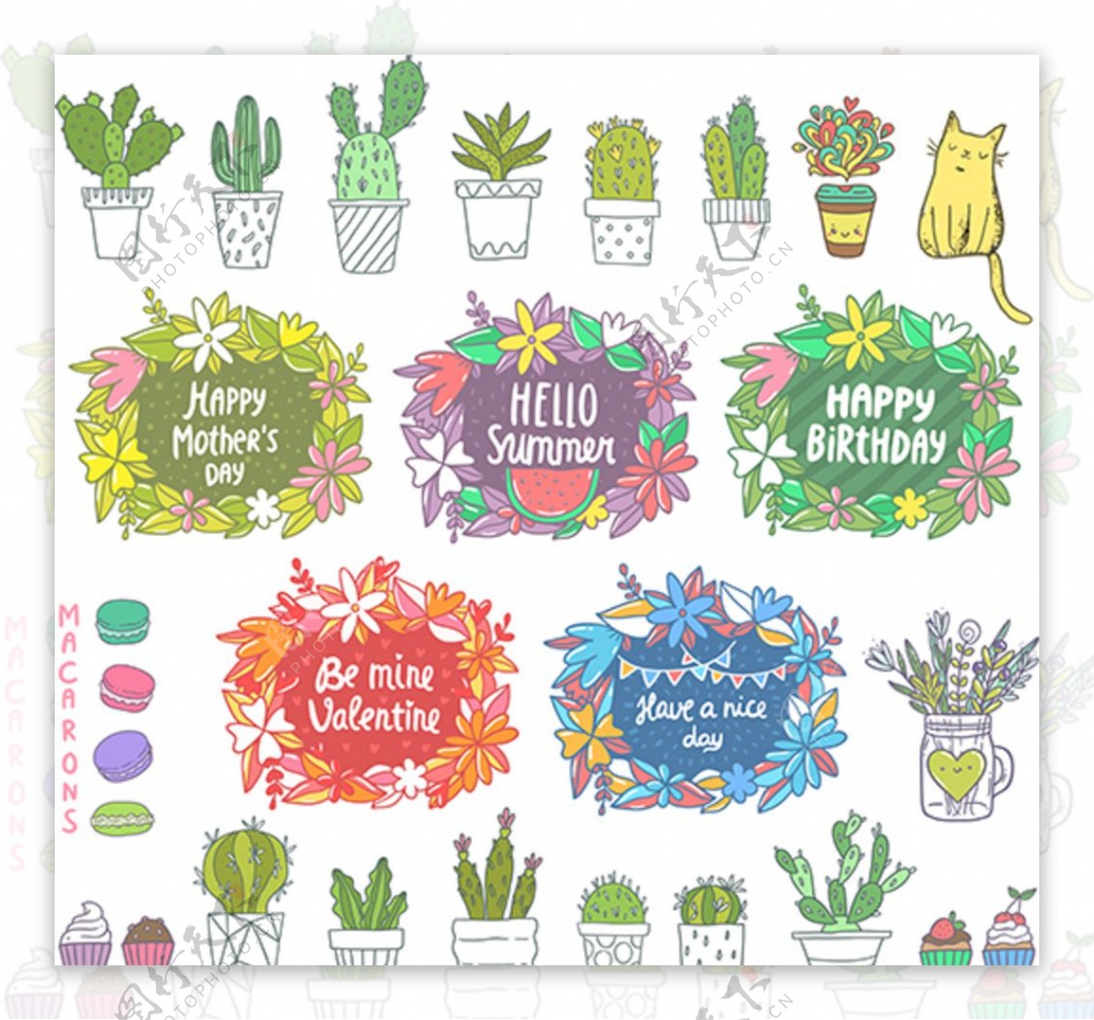 彩绘盆栽和5款节日标签矢量图