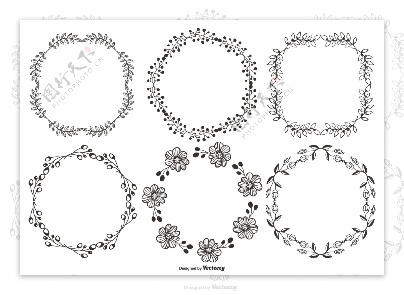 手绘黑白花环花边素材