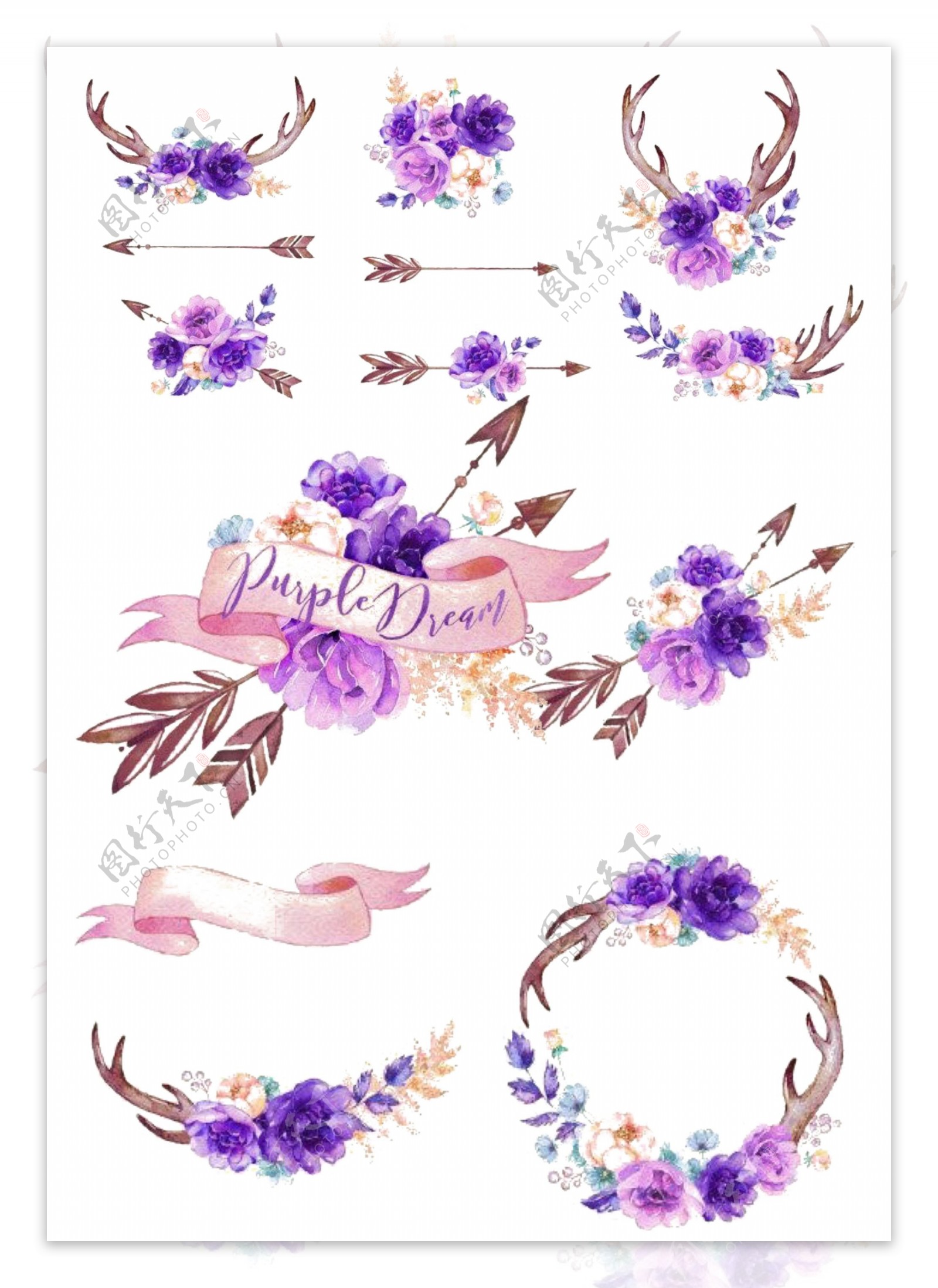 手绘水彩紫色植物花朵花环素材海报psd分层
