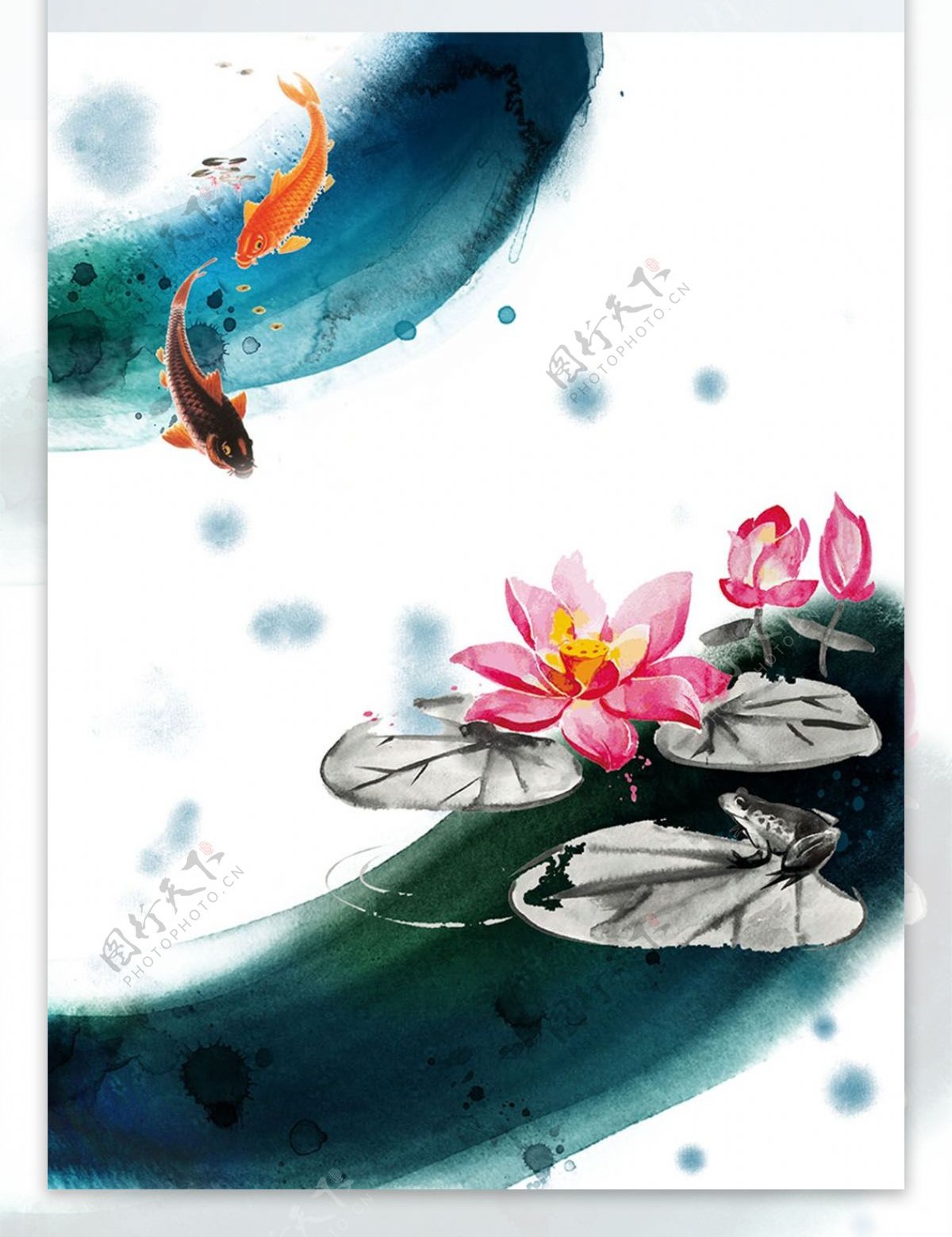 中国风水墨彩色荷花手绘创意装饰画