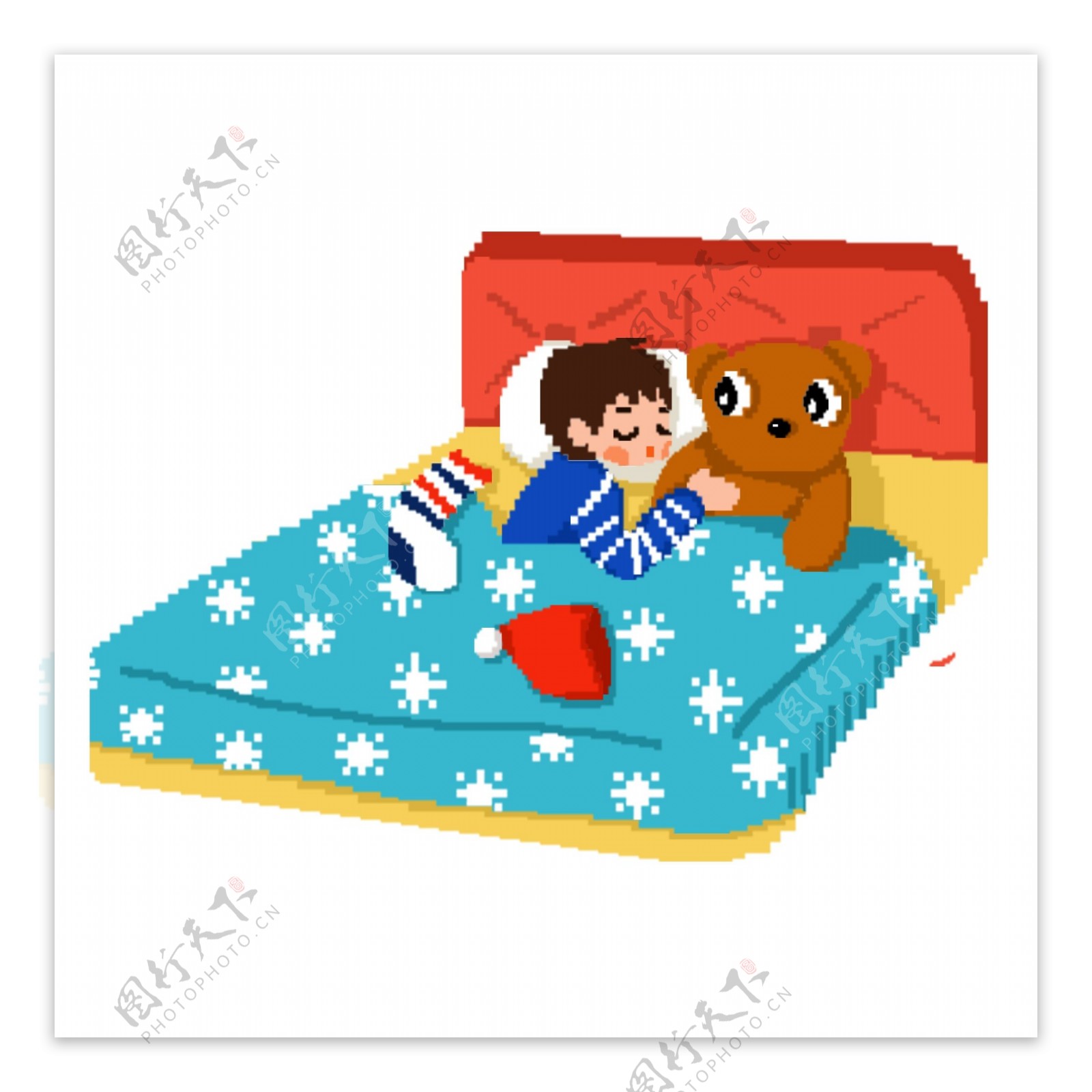 手绘卡通圣诞节夜晚搂着玩具熊睡觉的小男孩