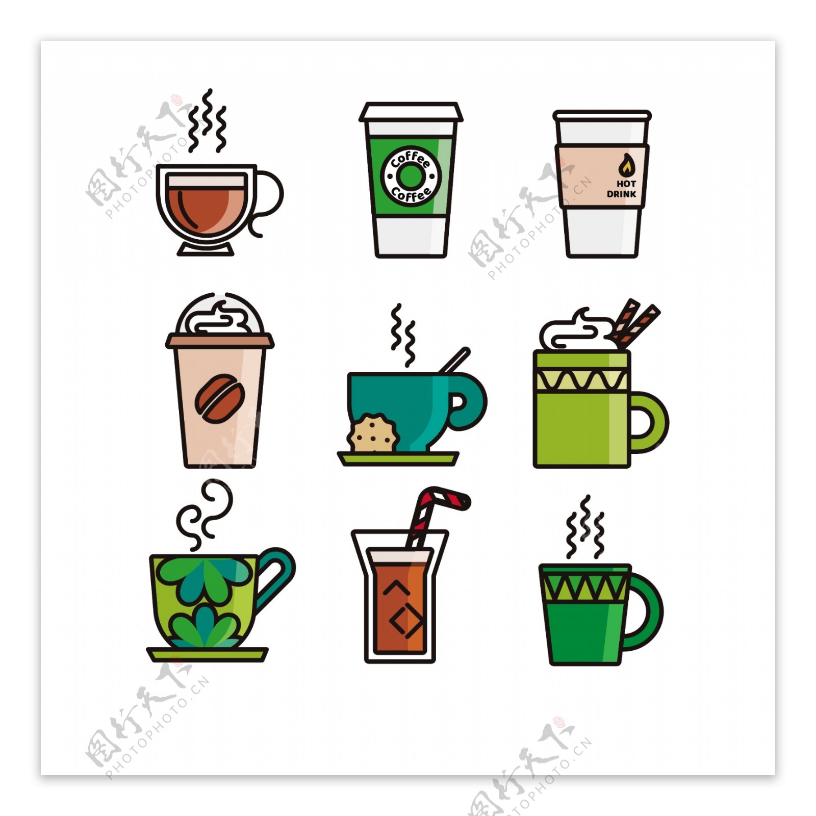 9款卡通彩色咖啡杯元素插画