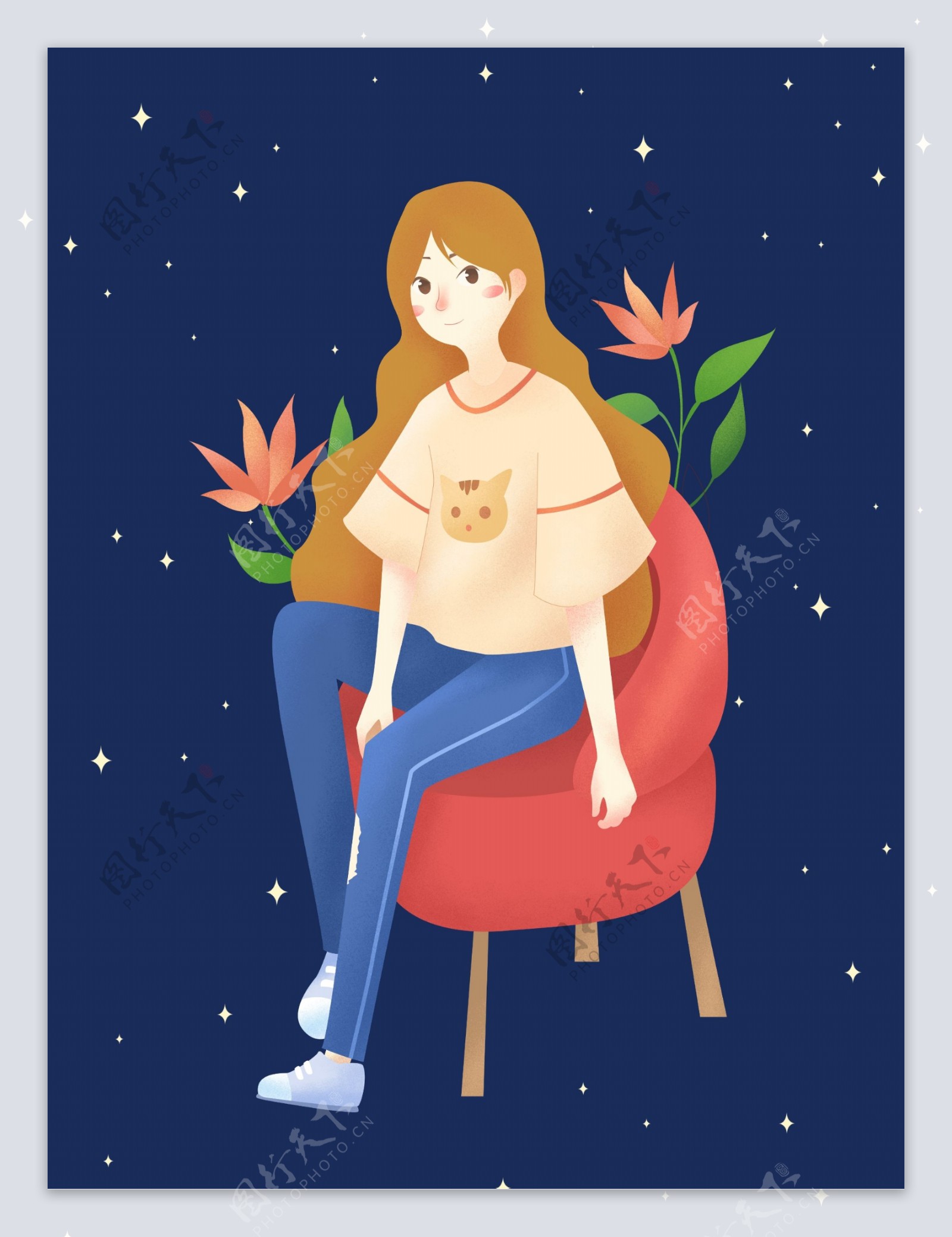 坐在椅子上的少女海报背景设计