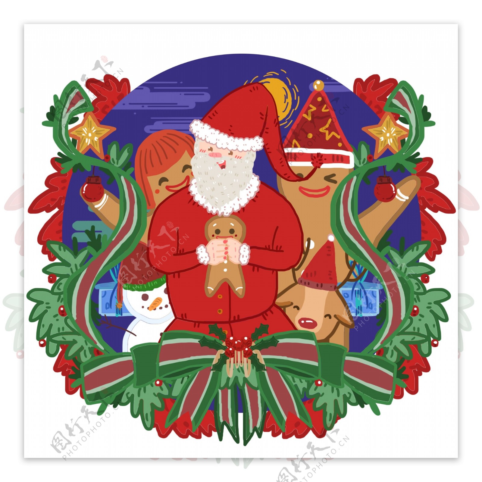 手绘圣诞场景圣诞老人姜饼人设计元素
