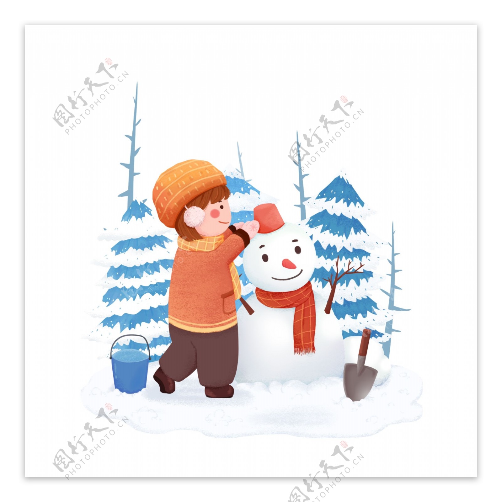 二十四节气大雪女孩堆雪人树林手绘插画素材
