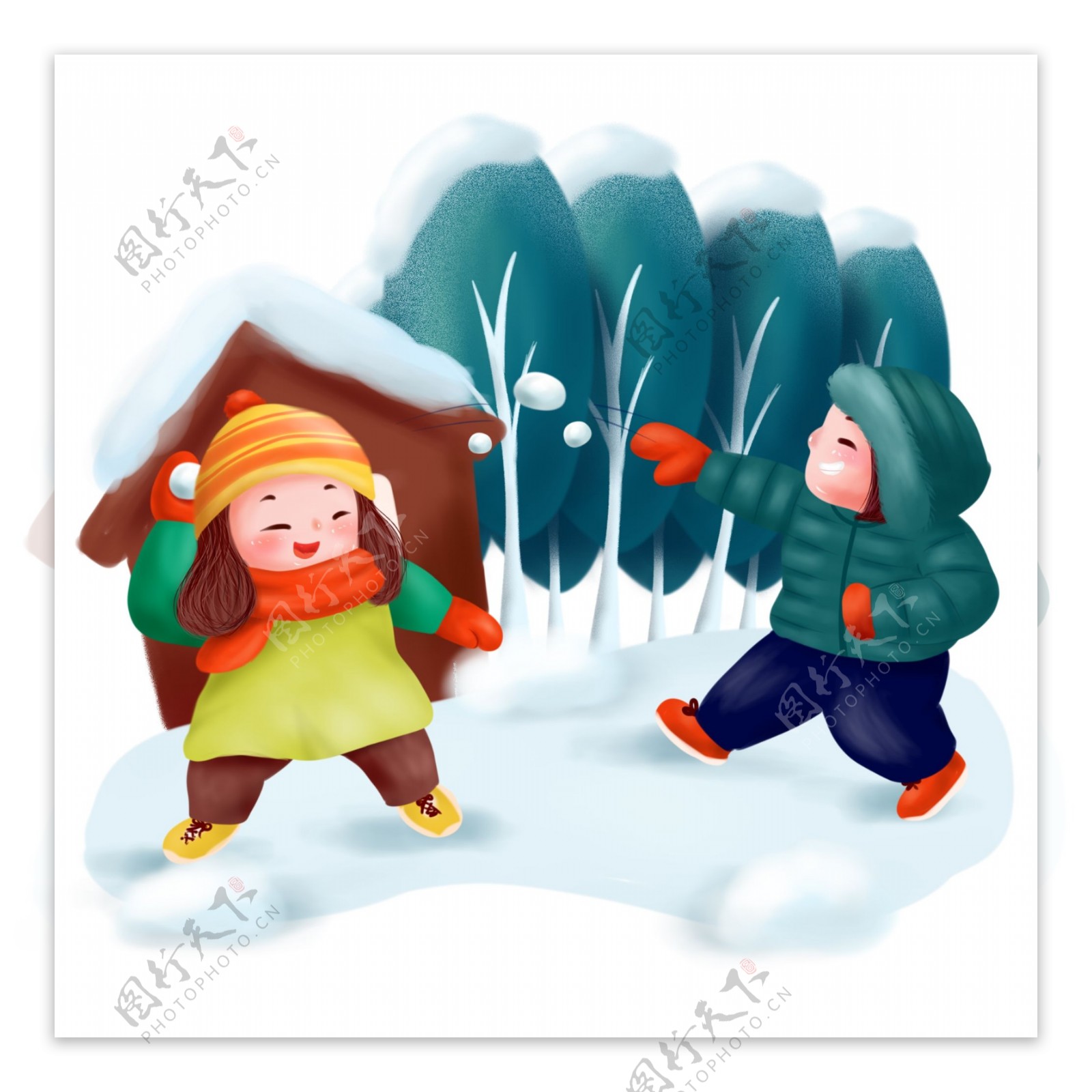 打雪仗冬季冬天儿童游戏玩耍可商用插画配图