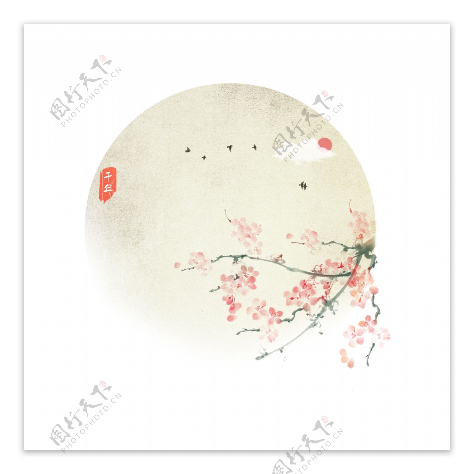 手绘桃花中国风水墨背景插画渲染可商用元素