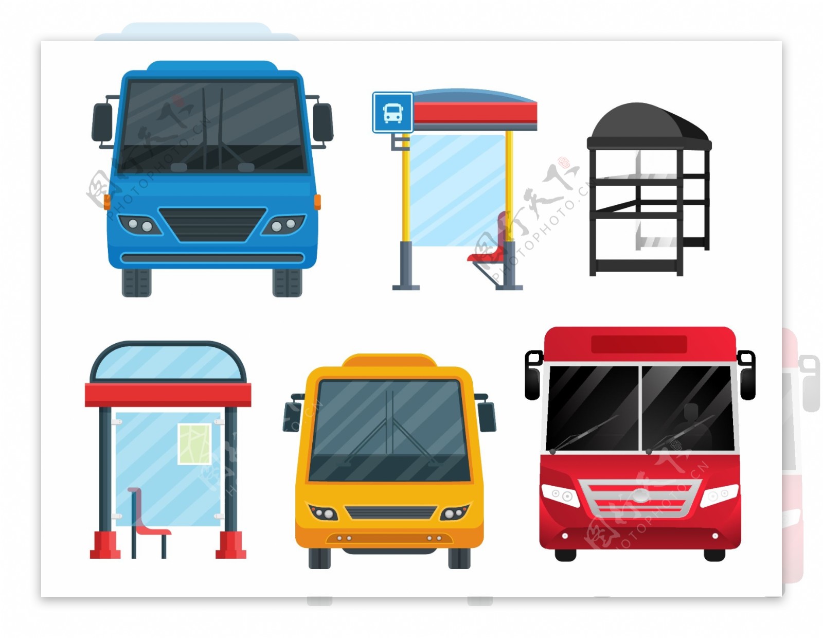 创意彩色的公交和站台素材