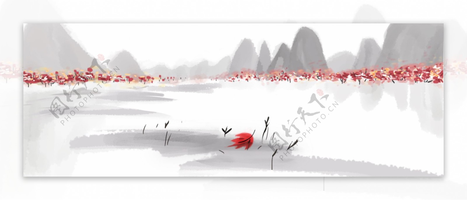 原创中国风山水画秋季枫叶枫林简约黑白红