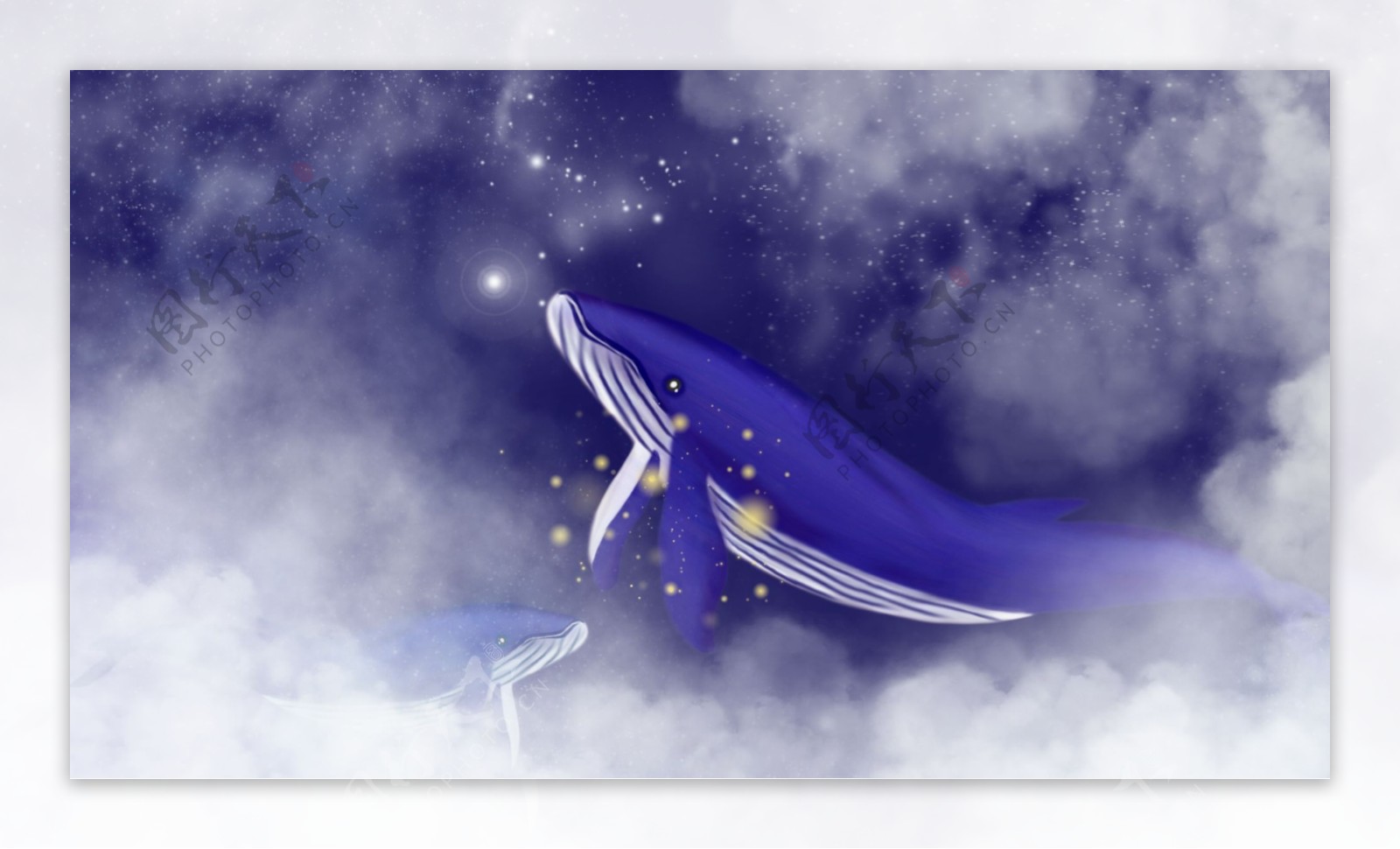 白云中若隐若现的蓝色鲸鱼卡通背景