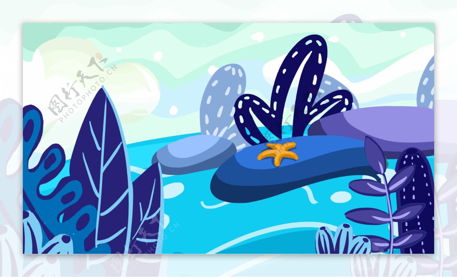 蓝色树叶海洋石头海星卡通背景