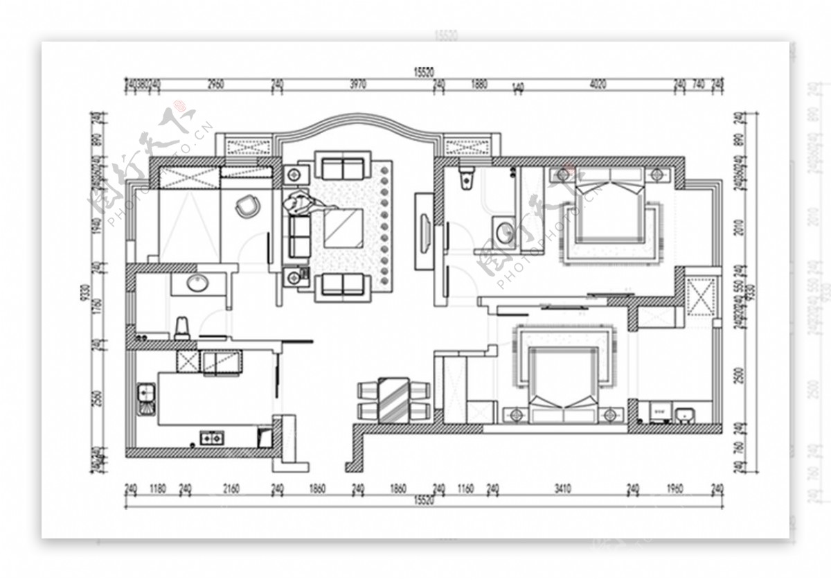 CAD三室两厅高层户型平面方案