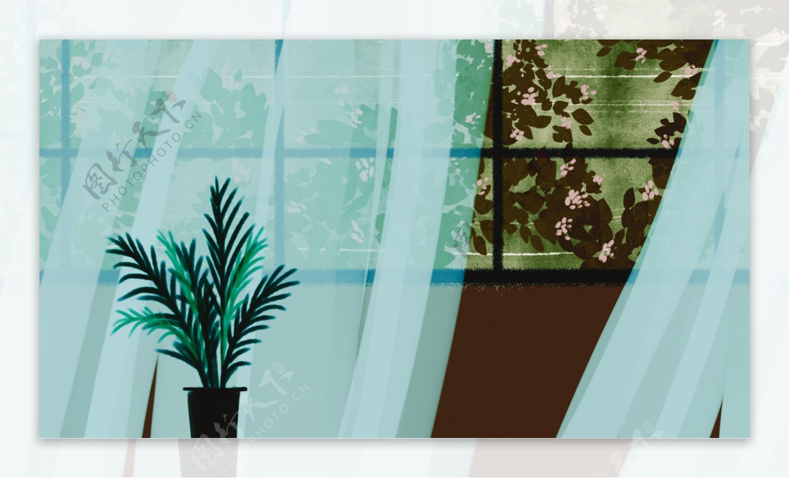 窗户植物飘起的窗帘背景