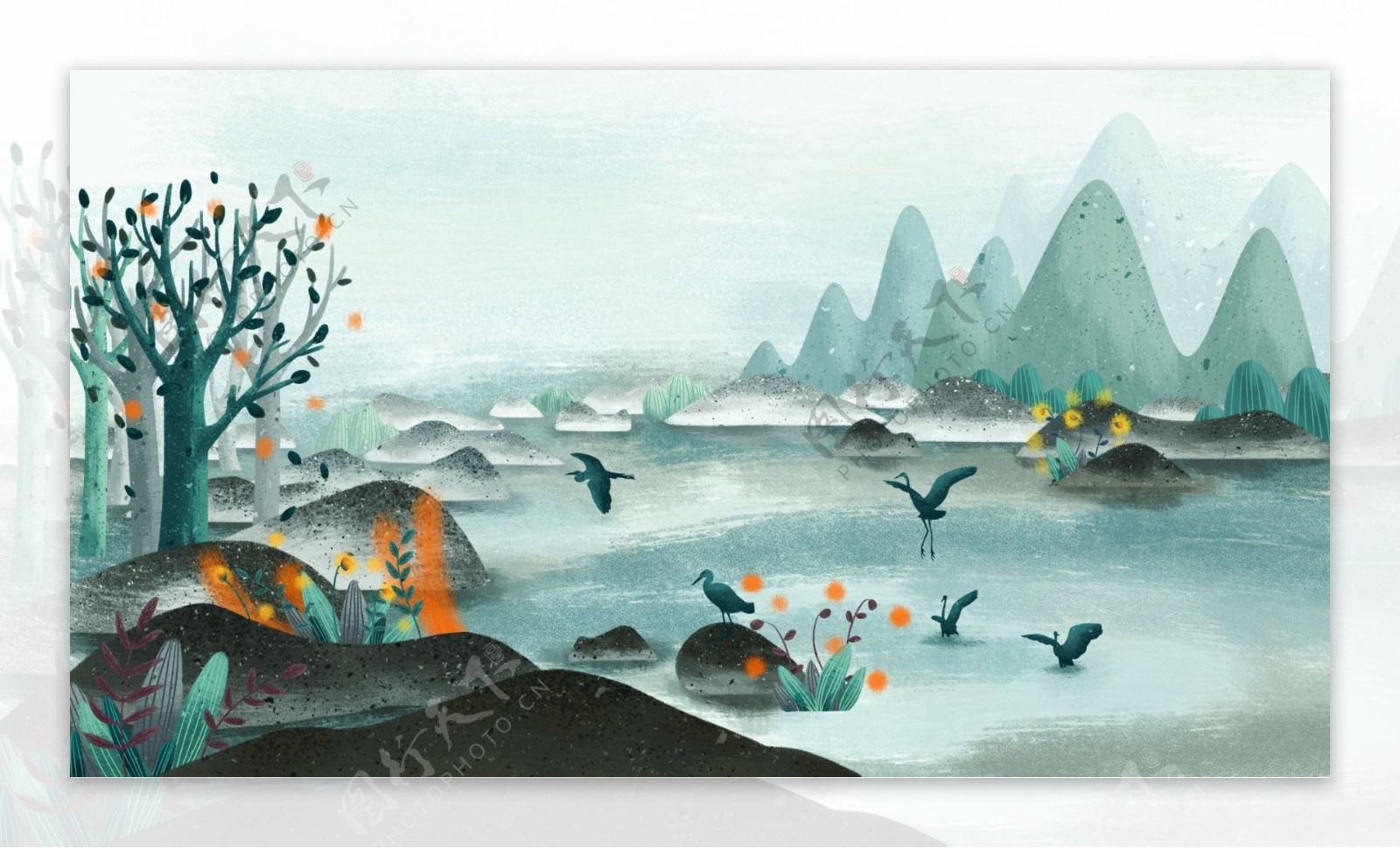 白露节气白鹭山河插画背景设计