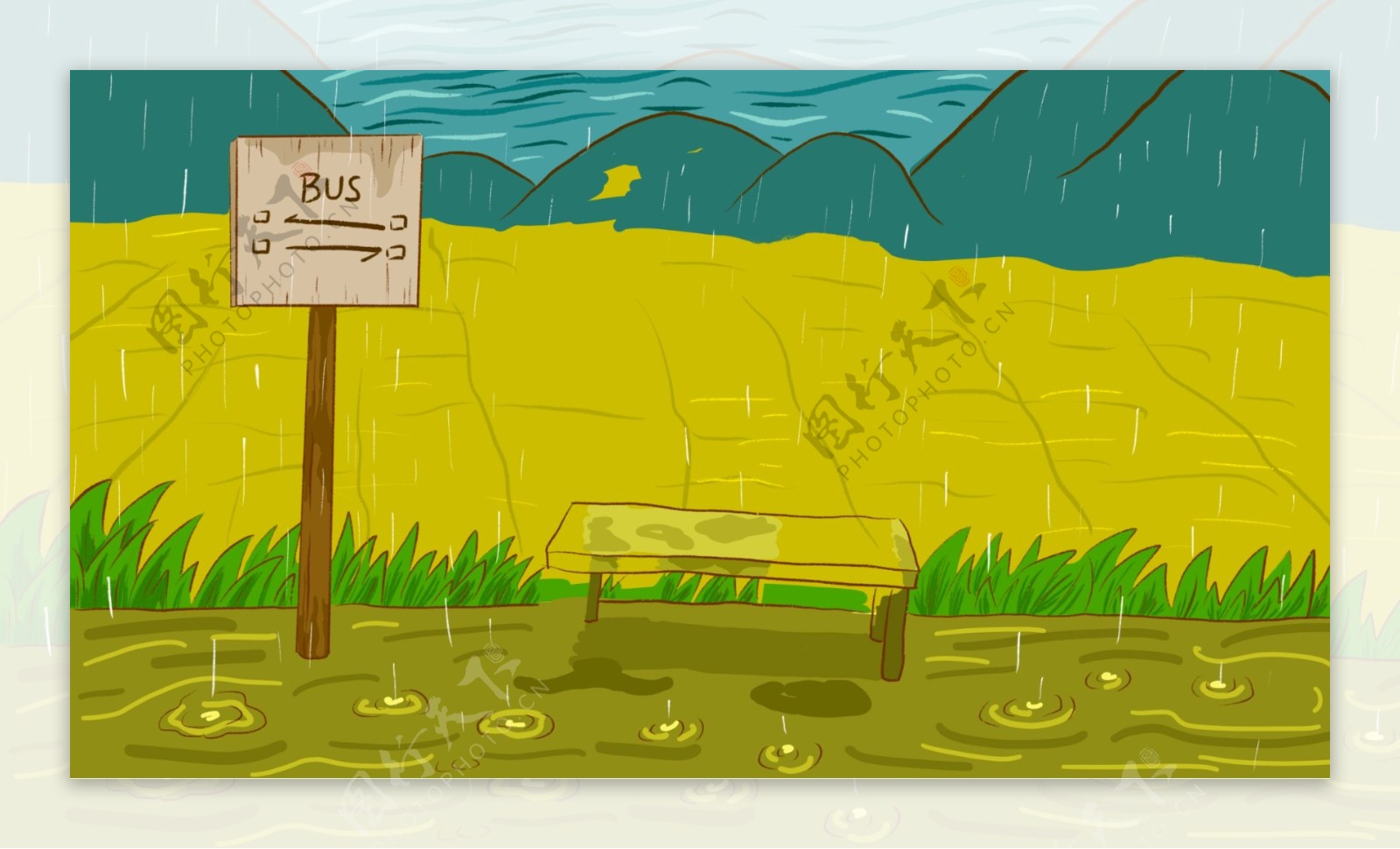 彩绘公车站下雨背景设计