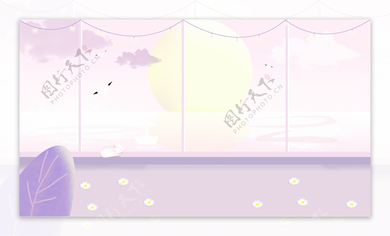 温馨粉紫色窗外景色插画背景
