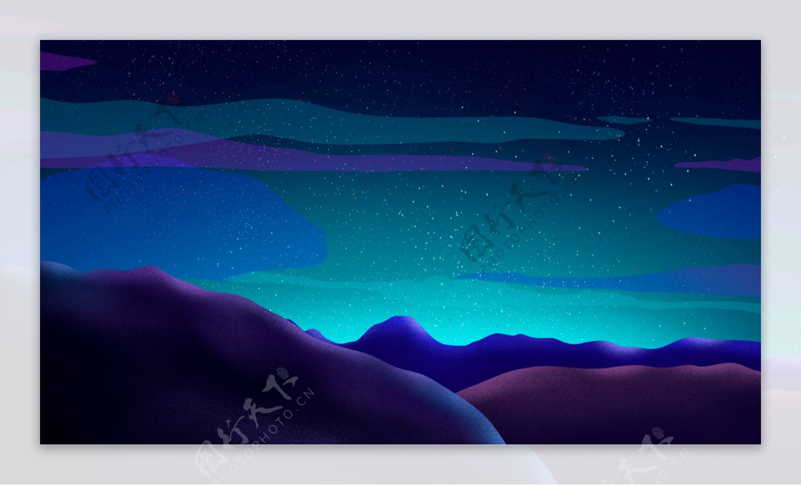 唯美夜晚星空下的山插画背景