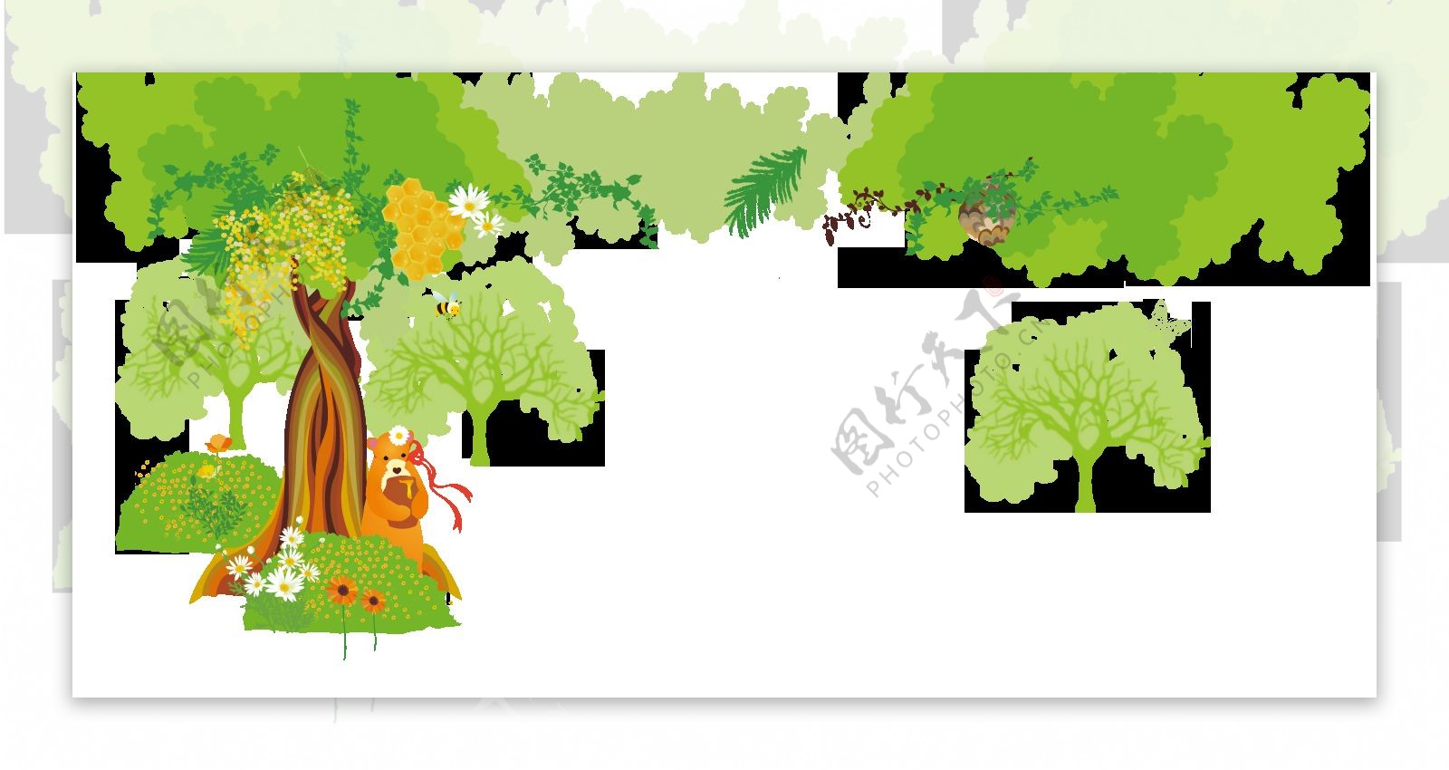 卡通绿色森林可爱熊抱蜂蜜罐png元素