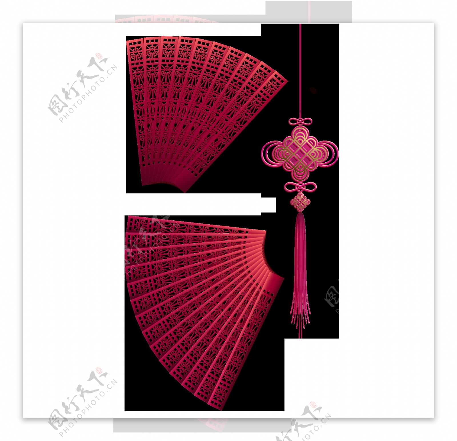 红色中国结镂空工艺扇png元素