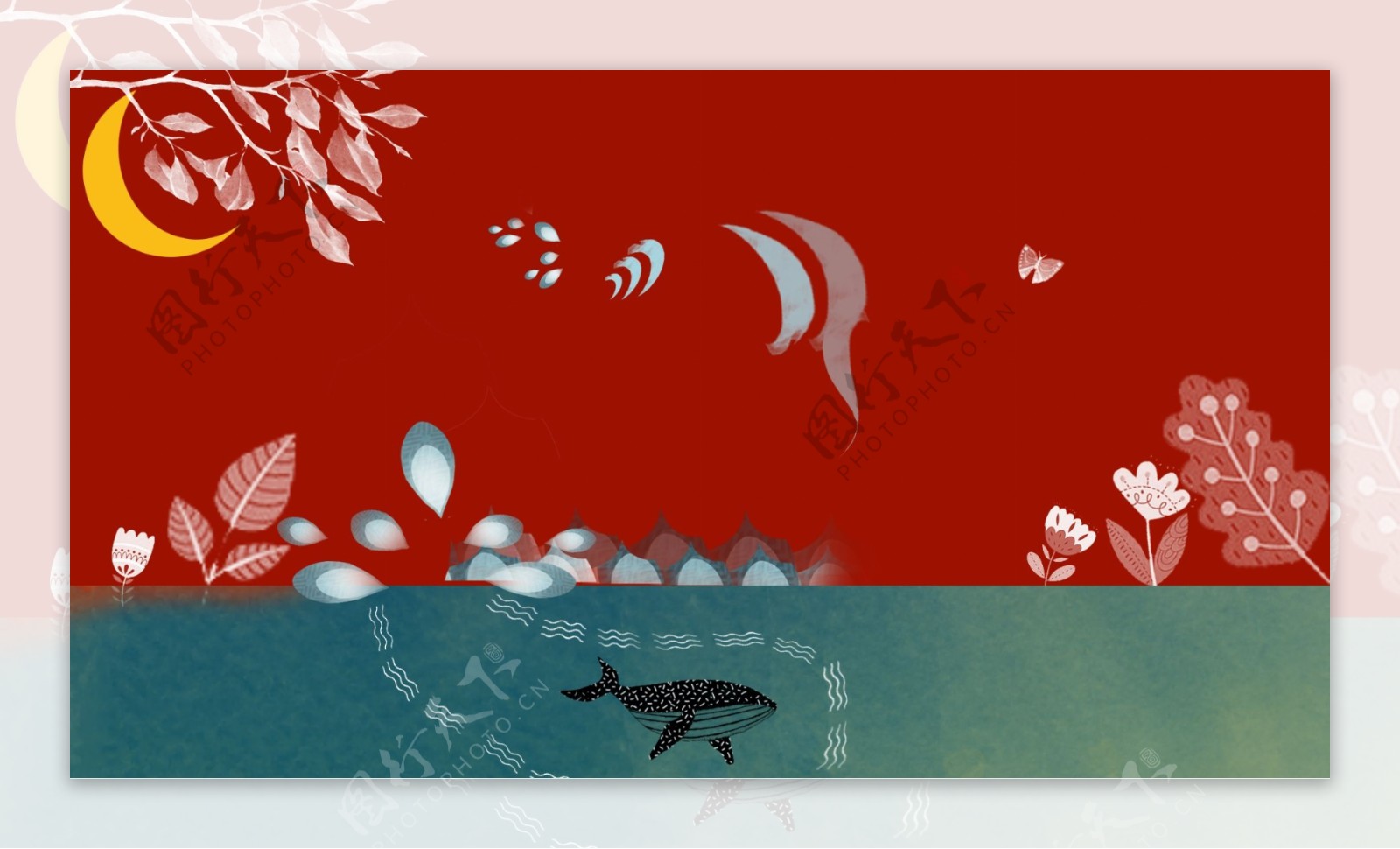 手绘树叶海洋鲸鱼背景素材