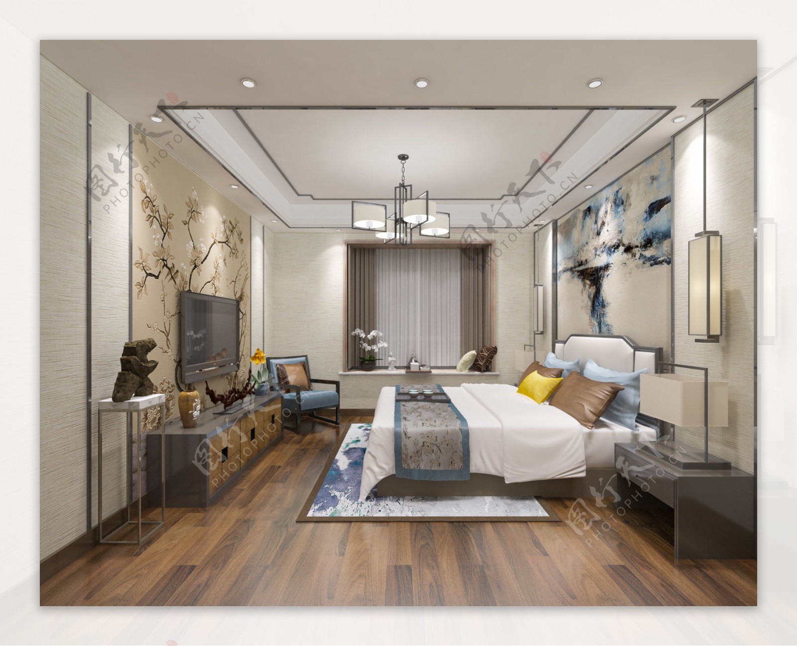 新中式卧室效果图3dmax模型