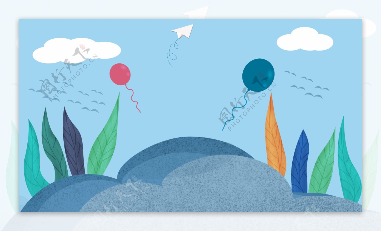 水彩叶子植物气球banner背景素材