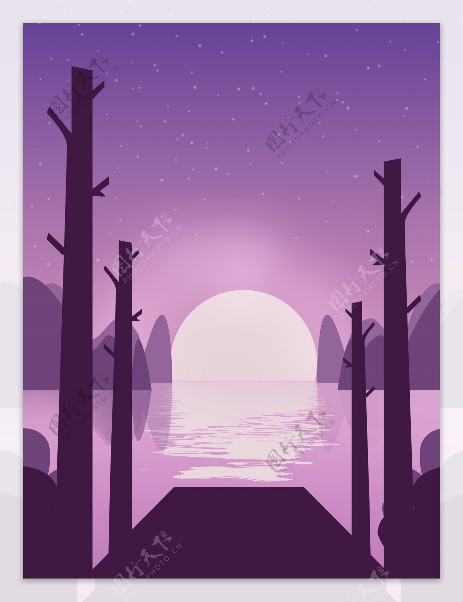 扁平化紫色湖面日出背景素材
