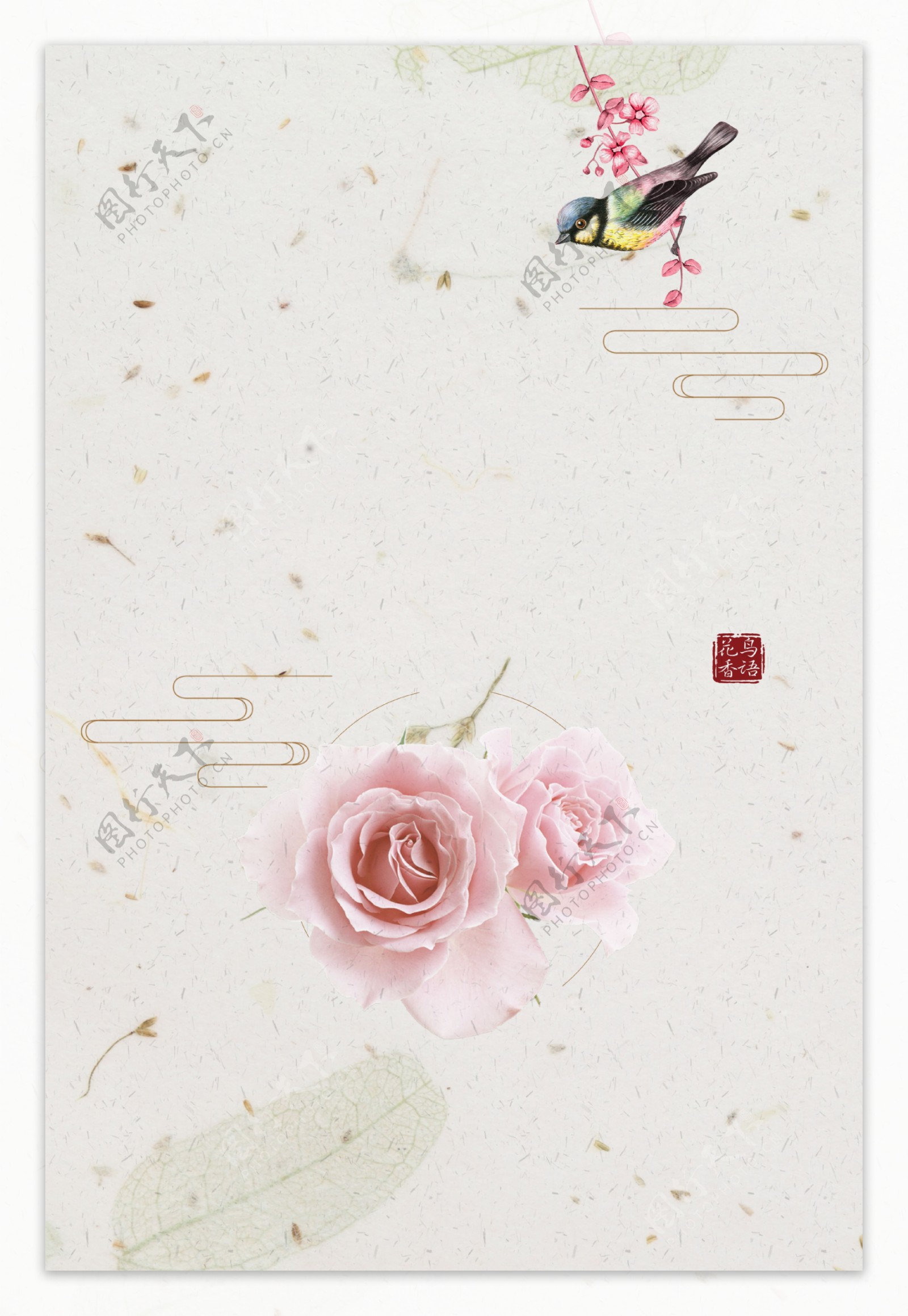 唯美粉色玫瑰花朵小鸟背景素材
