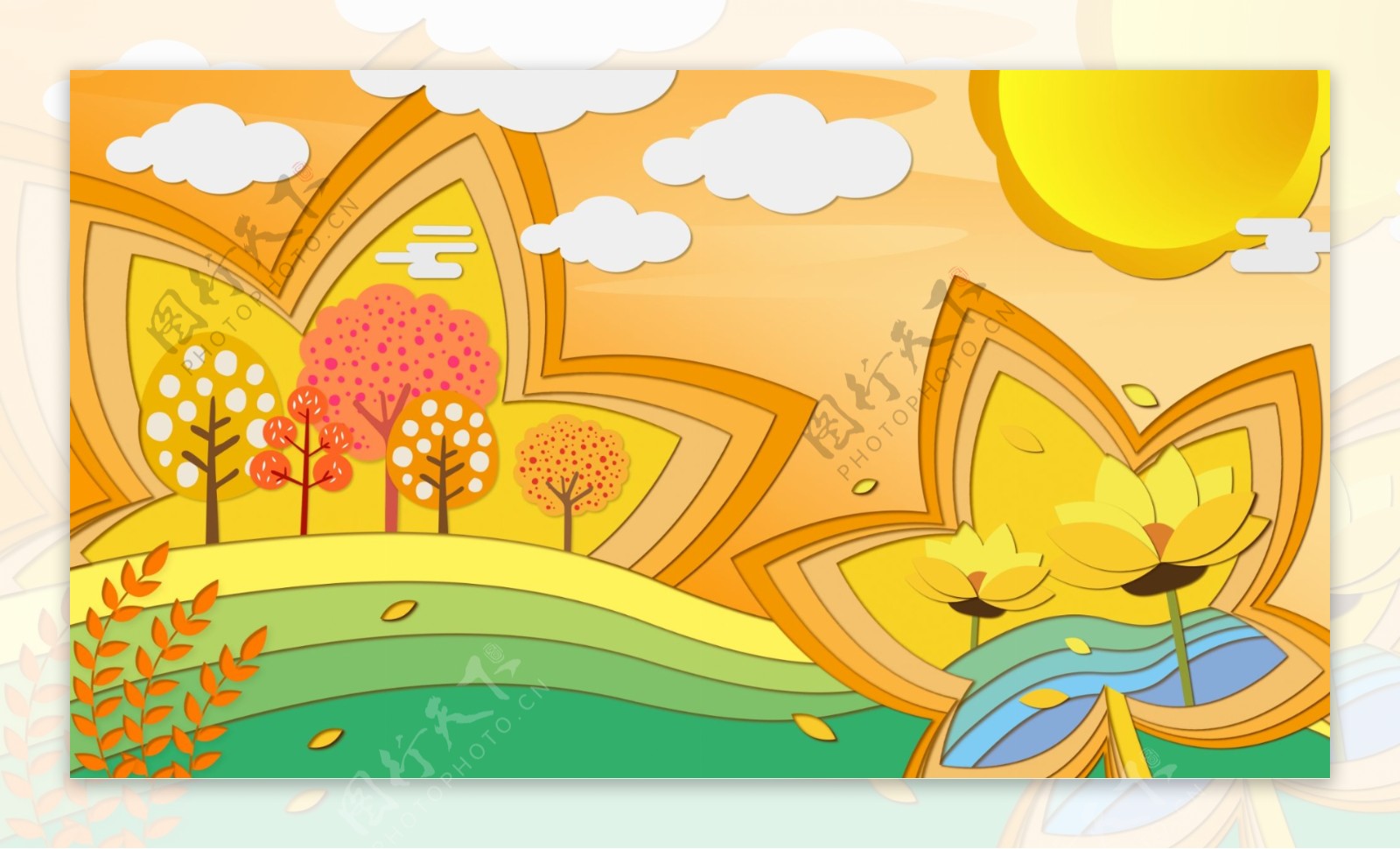 微立体剪纸风秋季天空枫叶背景设计