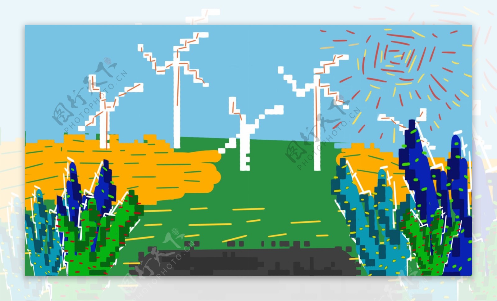 春季可爱儿童画风格草地风车背景设计