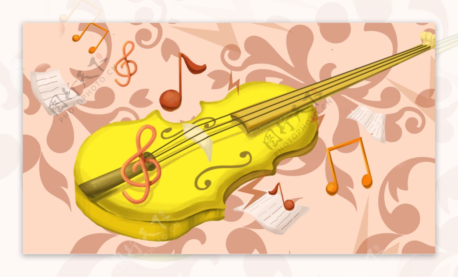 一把黄色小提琴音符卡通背景