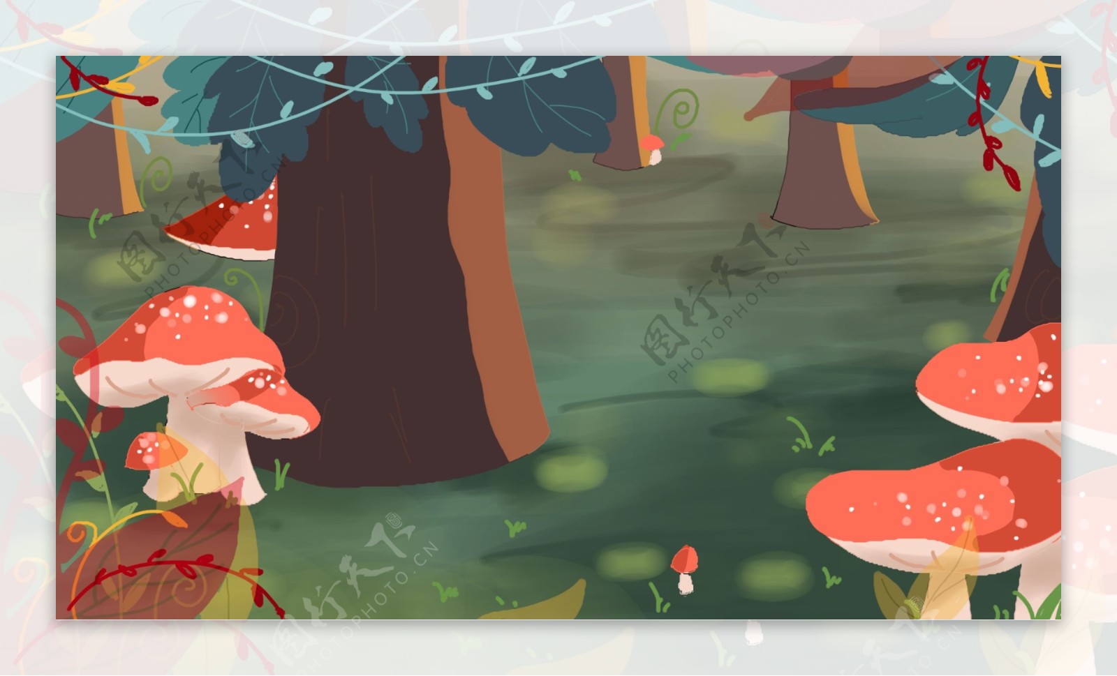 森林草地上的红色蘑菇卡通背景