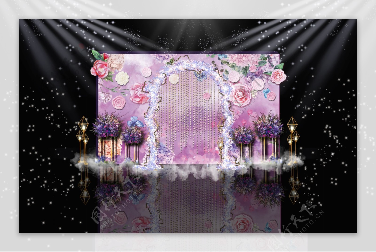 紫色梦幻星空主题婚礼迎宾区效果图