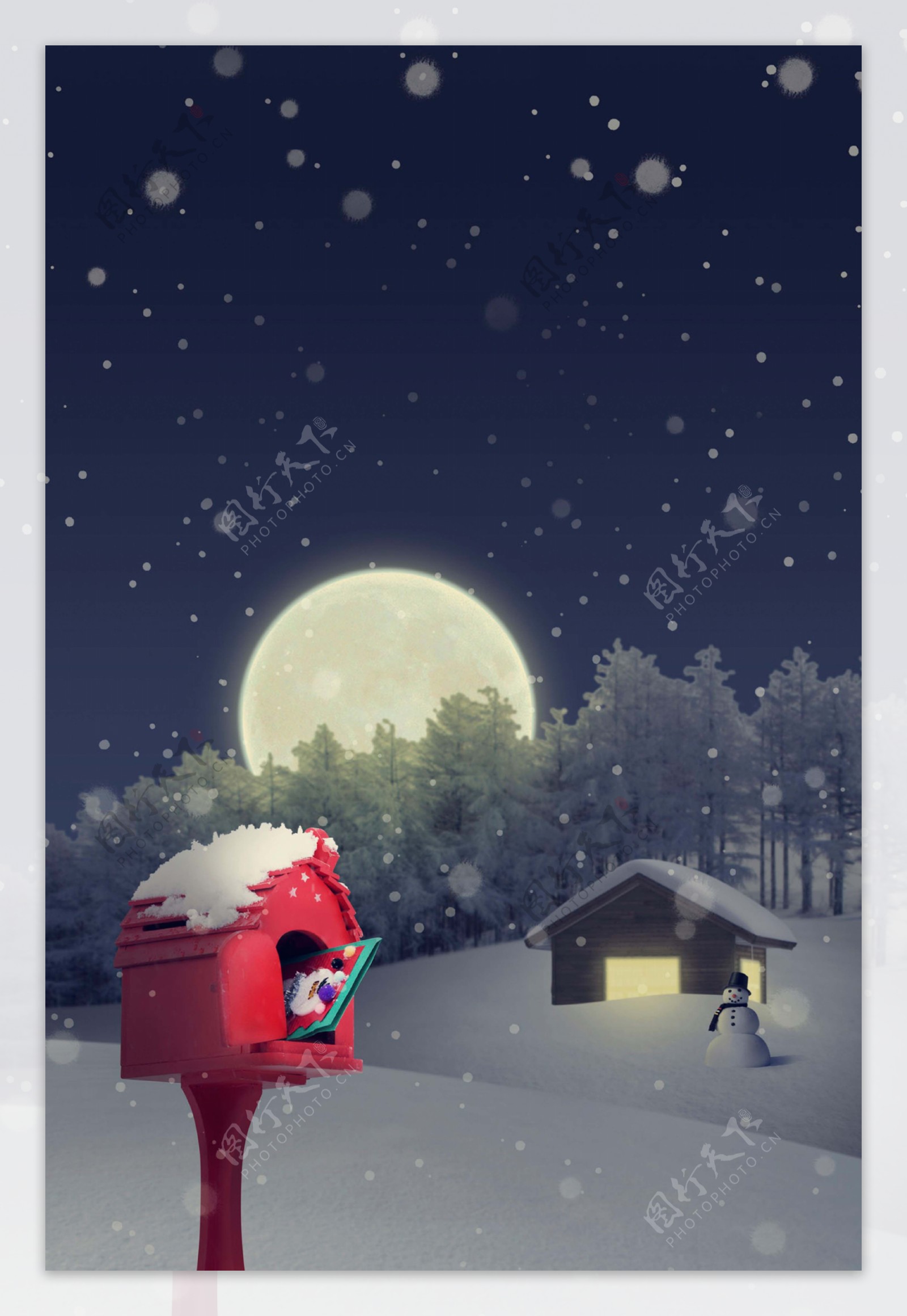 冬季浪漫的雪地小屋海报背景