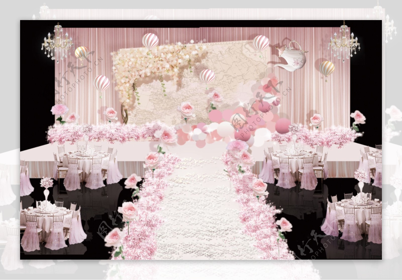 粉色旅行主题婚礼舞台效果图