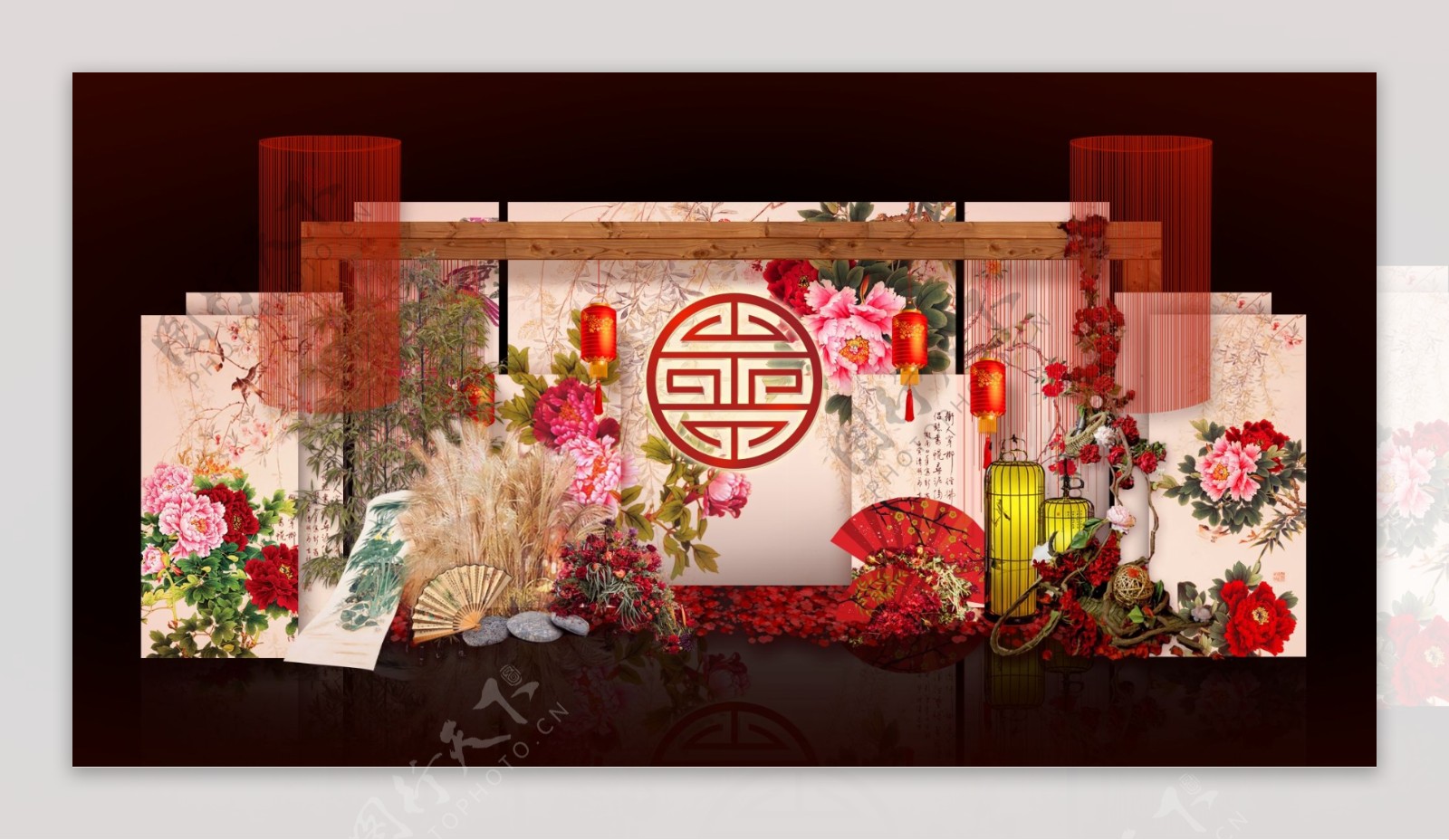 红色中式婚礼牡丹主背景效果图