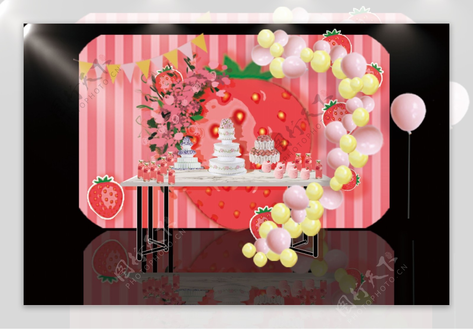 粉色草莓主题宝宝宴生日宴甜品区背景效果图