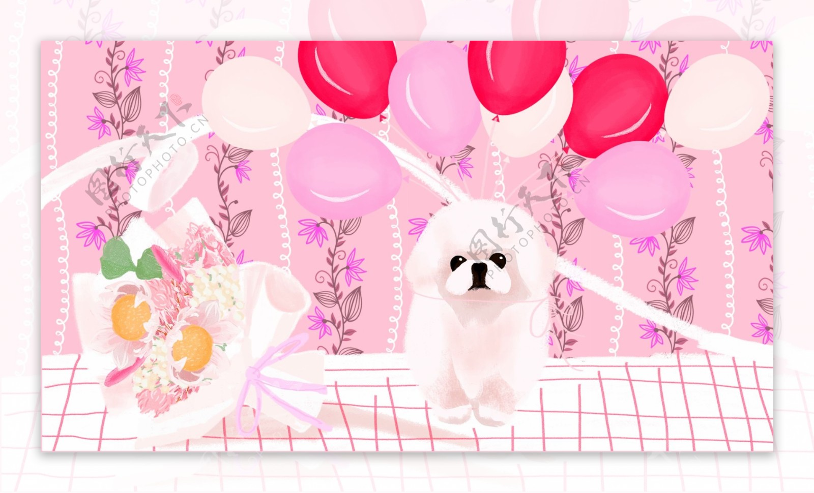 白色宠物狗花束粉色气球卡通背景